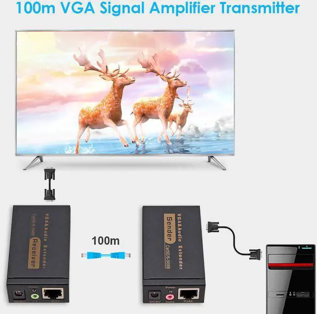 Alt view image 2 of 5 - 100M 328ft VGA Video Audio Extender Over Single RJ45 CAT5e/6 1080P Network Extension adpater Lightning protection