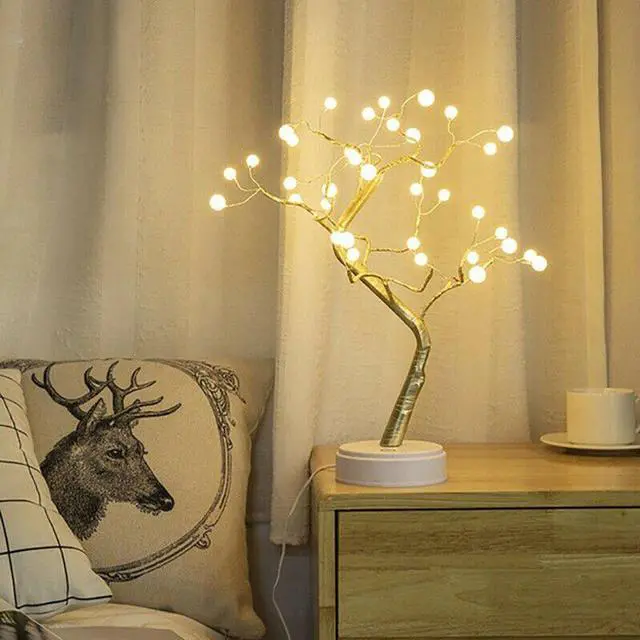 Alt view image 5 of 5 - Battery Table Lamp Pearl 36 LED Warm Light Shimmer Tree Desk Lamp Touch Switch Copper Wire Light For Bedroom Party Decor
