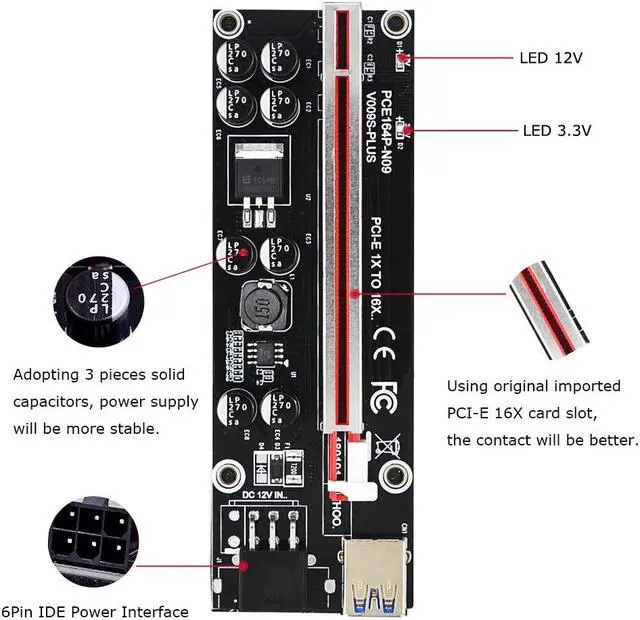 Alt view image 2 of 5 - VER009S Plus PCI-E Riser Card 6Pin Power PCI Express 1X to 16X Reinforce Card 60cm USB 3.0 Cable for BTC LTC Mining