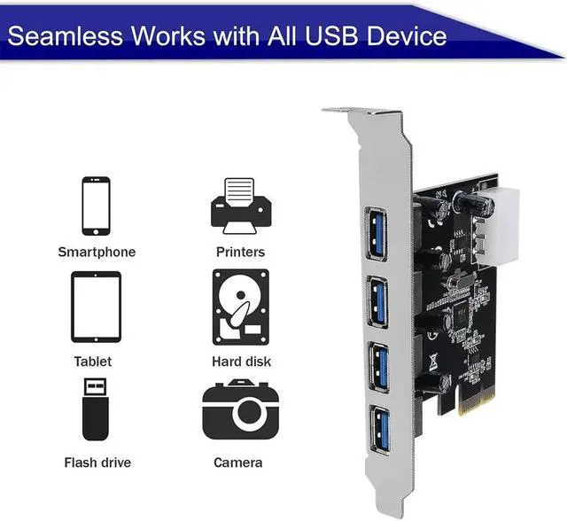 Alt view image 4 of 5 - 4 Port PCI-E To USB 3.0 HUB PCI Express Expansion Card Adapter 5 Gbps Speed USB 3 0 PCI E PCIe Express 1x For Desktop