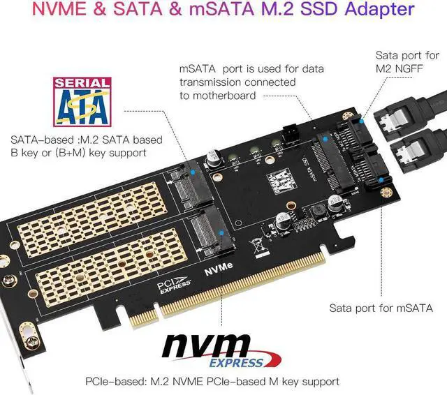 Alt view image 3 of 5 - 3 in 1 NGFF and mSATA SSD Adapter Card M.2 NVME to PCIe 16X/M.2 SATA SSD to SATA III/mSATA to SATA Converter+2 SATA Cable