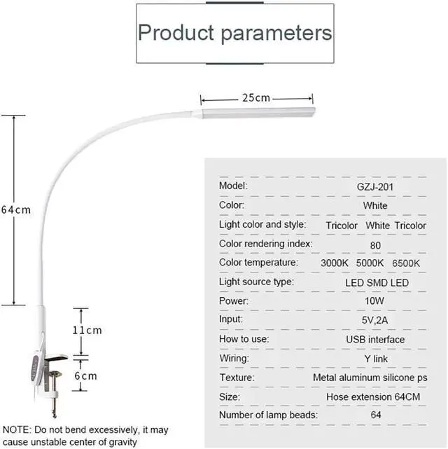 Alt view image 2 of 5 - Arm Table Lamp Clip Office Led Desk Lamp USB Eye-protected Lamp For Bedroom Led Light 5-Level Brightness&Color 10W
