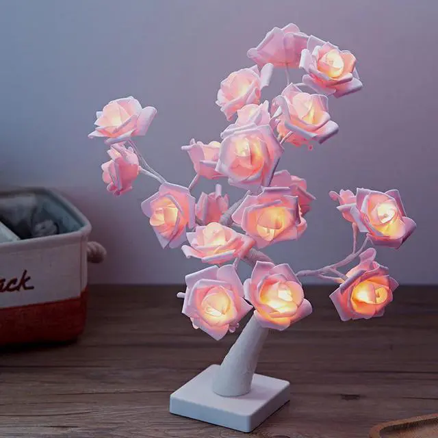 Main image of White Pink Rose Flower Bedside Bedroom Night Light Table Lamp Home Decor Simulation Tree Christmas Wedding Party Desk Lamp
