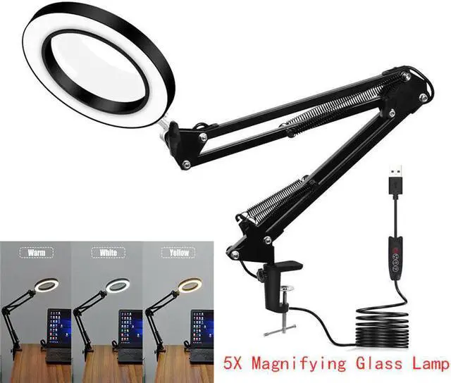 Alt view image 5 of 5 - Desk Magnifier USB LED Lamp 5X Magnifying Glass Clamp Base Adjustable Illuminated Desk Light Bedroom Office Study