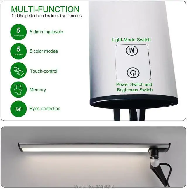 Alt view image 3 of 5 - Architect Metal Swing Arm Table Lamp Desk Lamp with Clip and 5level Dimmer 5 Lighting Modes Eye Care Touch Control Black 15W