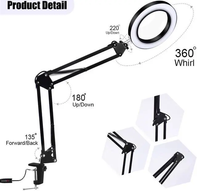Alt view image 4 of 5 - 8W USB LED 3 Colors Table Lamp Dimming Desk Reading Light 60 SMD LED Lights with 5X Large Magnifying Glass Magnifier Nail Beauty