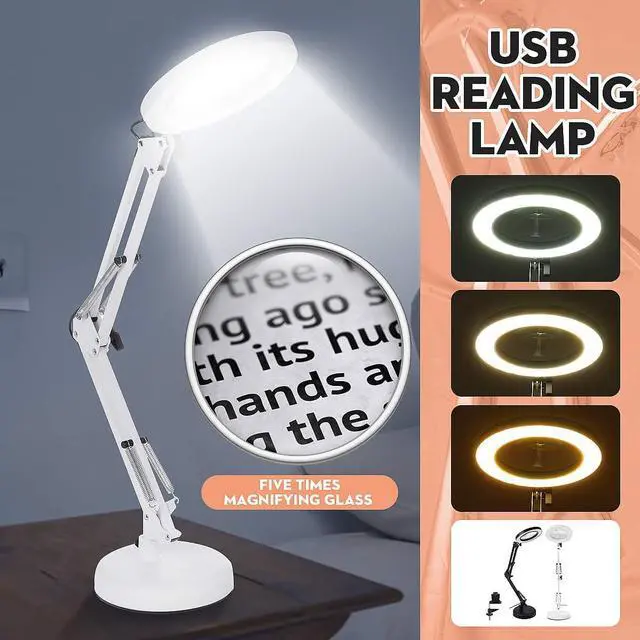 Alt view image 2 of 5 - Eye Protect Table Lamp 3 Dimming Mode 5X Magnifying Glass Desk Light USB 10 Levels Dimmable Study Desk Lamp
