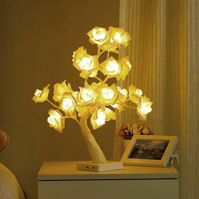 Alt view image 5 of 5 - White Pink Rose Flower Bedside Bedroom Night Light Table Lamp Home Decor Simulation Tree Christmas Wedding Party Desk Lamp