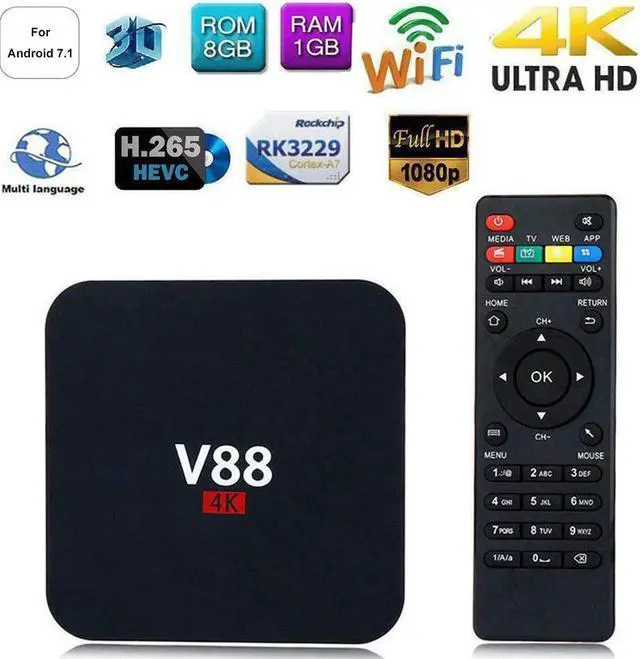 Alt view image 2 of 5 - TV Box 4K Quad Core 1+8GB HD WiFi Set-Top Media Player for Android 7.1 Set Top V88 TVBox