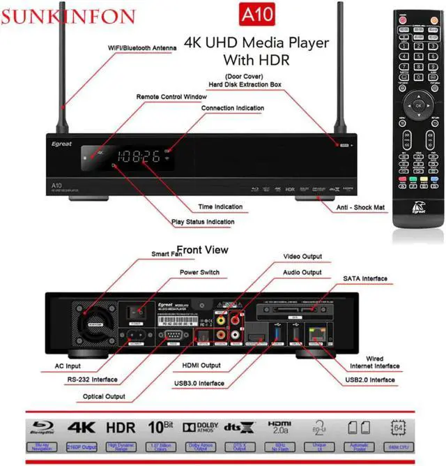 Alt view image 3 of 5 - A10 Ultra HD Media Player 3D 4K Android 5.1 TV Box AC Gigabit LAN HDR10 3D Blu-ray ISO Dolby DTS VIDON PK Himedia Q10 Pro