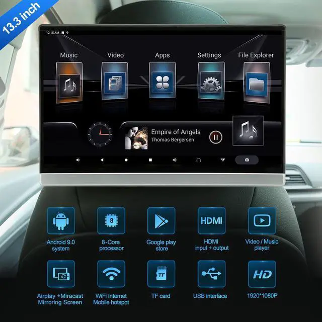 Alt view image 2 of 5 - TV Headrest Monitor Touch Screen 13.3 Inch Android 9.0 4K 1080P WIFI/Bluetooth/USB/SD//FM/Mirror link movie Video player