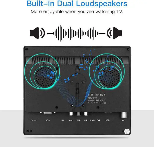 Alt view image 3 of 5 - 8"  Small TV 4:3 Monitor 1024x768 CCTV LCD IPS Screen  VGA USB AV Remote Control Speakers DVD PC Security Display