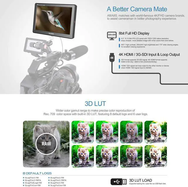 Alt view image 5 of 5 - A8 A8S  8.9 Inch Utra Slim IPS Full HD 1920x1200 4K  3D-LUT On-Camera Video Field Monitor for DSLR Camera Video