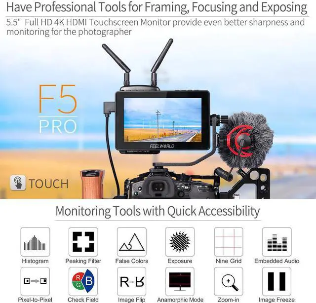 Alt view image 5 of 5 - F5PROV2 5.5 Inch IPS Touch Screen Camera Field Monitor FHD 1920x1080 4K Video Assist for DSLR Movie Gimbal Rig
