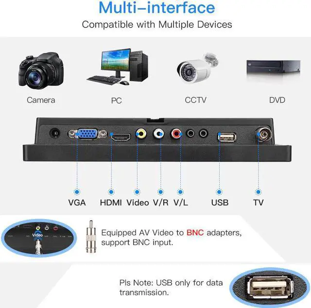 Alt view image 4 of 5 - 8"  Small TV 4:3 Monitor 1024x768 CCTV LCD IPS Screen  VGA USB AV Remote Control Speakers DVD PC Security Display