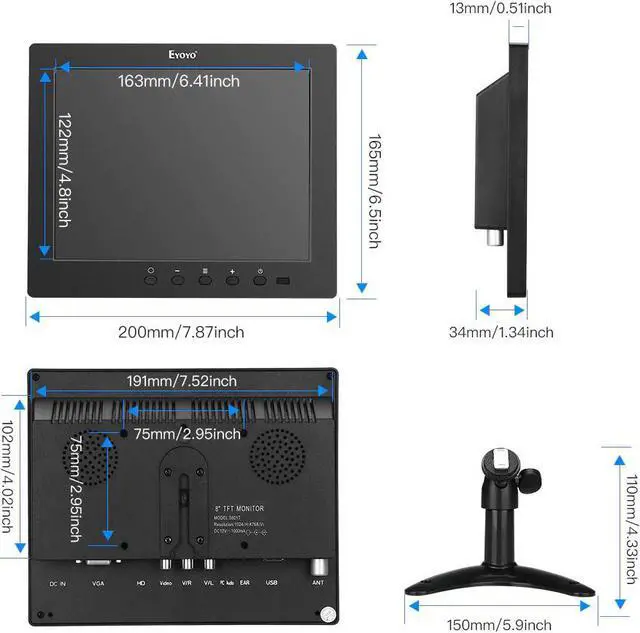 Alt view image 5 of 5 - 8"  Small TV 4:3 Monitor 1024x768 CCTV LCD IPS Screen  VGA USB AV Remote Control Speakers DVD PC Security Display