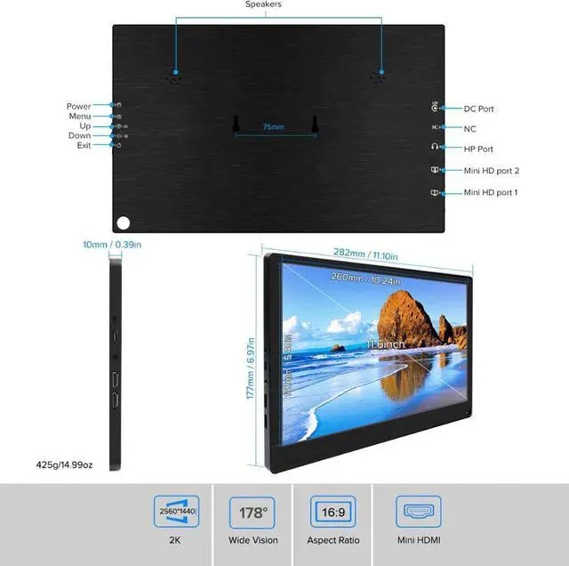 Alt view image 3 of 5 - 11 inch 2K 2560*1440 IPS Screen Portable Gaming Monitor LED LCD Displays PS3/4 Xbox360 Tablet Display for Windows 7 10