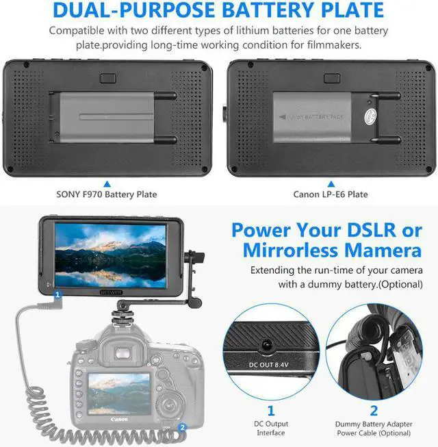 Alt view image 5 of 5 - F400 5.7-Inch Camera Field Monitor Full HD 1920x1080 IPS with 4K  DC Input Video Peaking Focus Assist with Tilt Arm