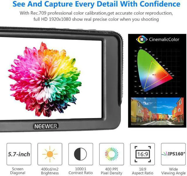Alt view image 2 of 5 - F400 5.7-Inch Camera Field Monitor Full HD 1920x1080 IPS with 4K  DC Input Video Peaking Focus Assist with Tilt Arm