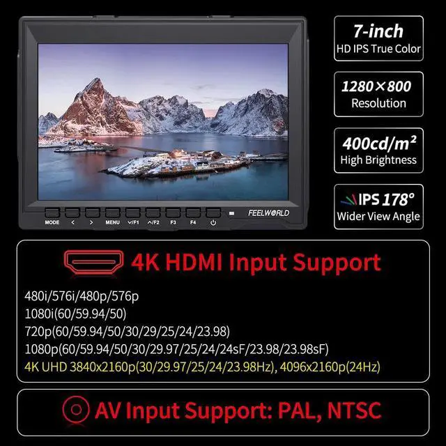Alt view image 2 of 5 - FW759 7 Inch DSLR Camera Field Monitor 4K AV Input IPS HD 1280x800 LCD Display Video Assist Protable for Camera