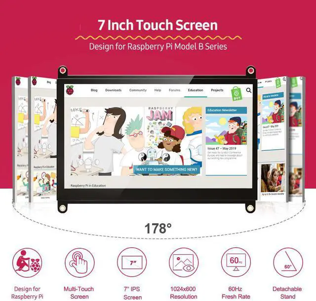 Alt view image 2 of 5 - Protable Monitor Raspberry Pi touch screen 7-inch 1024X600 with dual speakers portable capacitive IPS display with
