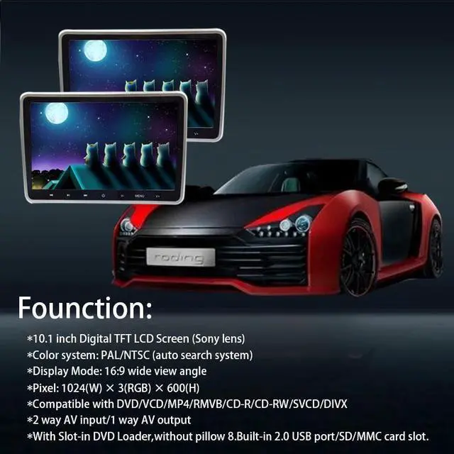 Alt view image 5 of 5 - 2PCS 10.1Inch Car Headrest Monitor DVD Video Player USB/SD//IR/FM TFT LCD Screen Touch Button Game Remote Control MP4 Stereo