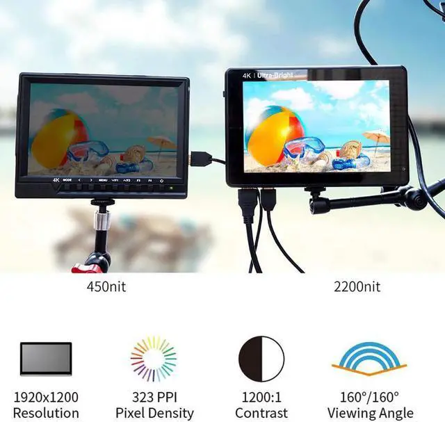 Alt view image 3 of 5 - 7 Inch on Camera DSLR Field Monitor 3D LUT 2200nits Touch Screen IPS FHD 1920x1200 Video Focus Assist Support 4K