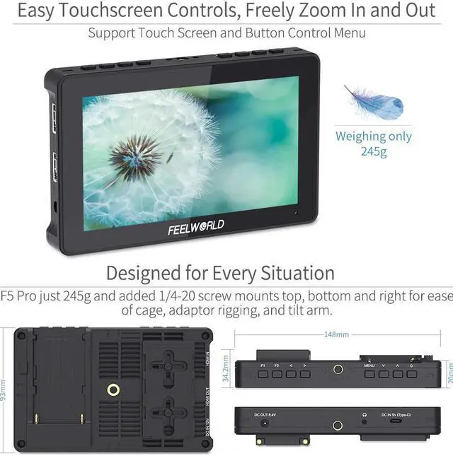 Alt view image 3 of 5 - F5 Pro V2 5.5 Inch on DSLR Camera Field Monitor 3D LUT Touch Screen IPS 4K  Input Output for Wireless transmission