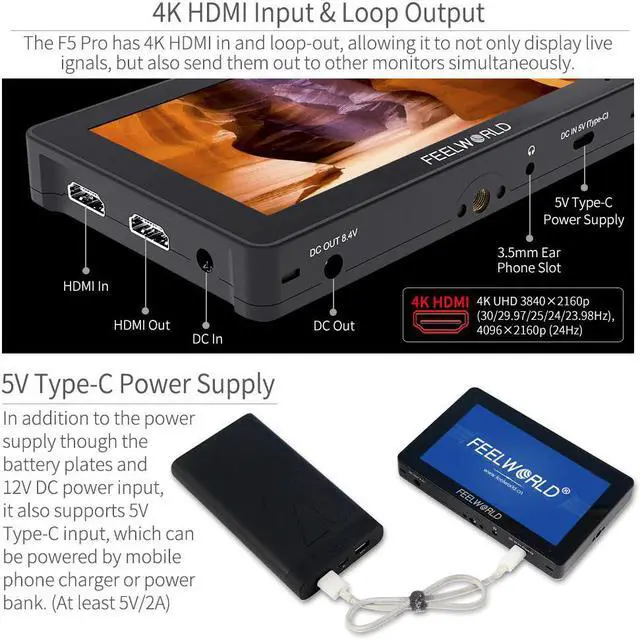 Alt view image 5 of 5 - F5 Pro V2 5.5 Inch on DSLR Camera Field Monitor 3D LUT Touch Screen IPS 4K  Input Output for Wireless transmission