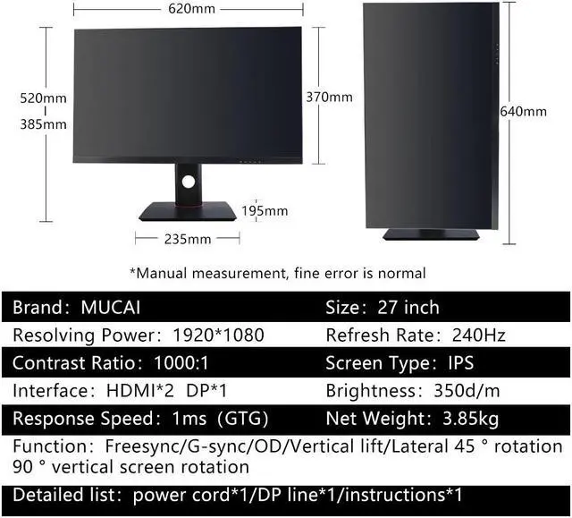 Alt view image 5 of 5 - 27 inch 240Hz IPS monitor desktop computer game  PC lcd display gamer HD Flat panel /DP Lifting and rotating base