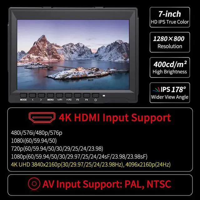 Alt view image 2 of 5 - 7 inch Field Monitor 4K Camera DSLR Monitor LCD IPS HD 1280x800 Video Assist External for Cameras Nikon Sony Canon Gimbal