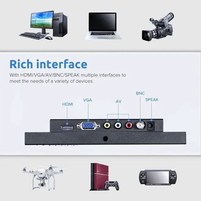 Alt view image 3 of 5 - EM08G 8 inch 1280*720 IPS  Monitor Resolution Support VGA/AV/BNC/SPEAK Input for PC TV CCTV Camera Security Raspberry
