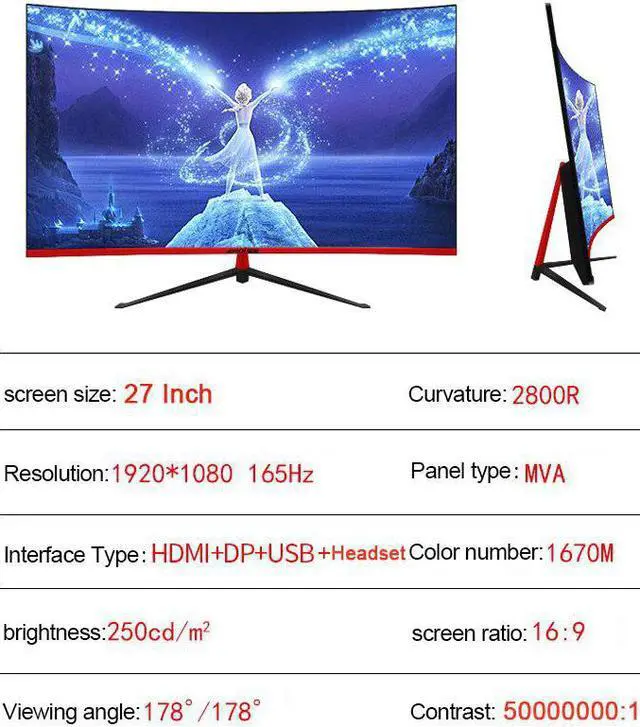 Alt view image 3 of 5 - 27 inch LED Monitor Gaming 165HZ PC 1MS Respons 1080P 27" LCD Monitors Curved Display Full HD input Widescreen /VGA