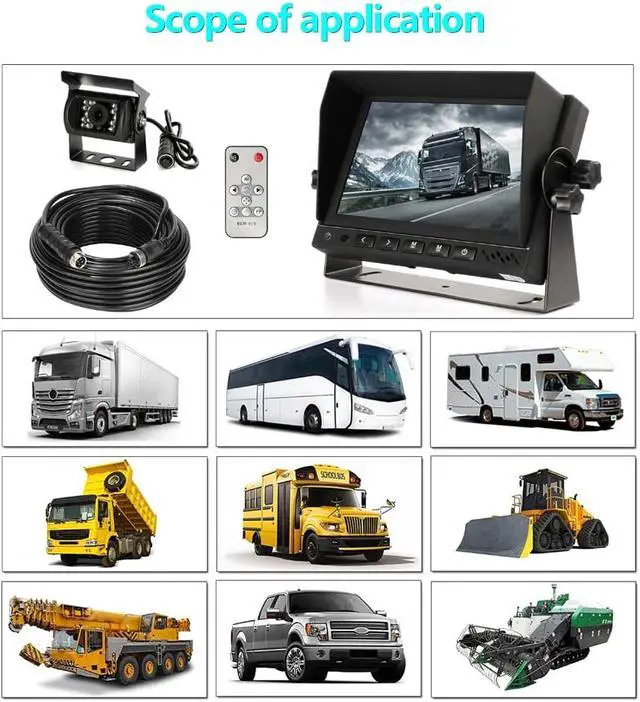 Alt view image 4 of 5 - Parking System Rear View Camera Aviation head Video Cable with HD 7'' Truck Bus Parking Camera Monitor System, DC12V~36V
