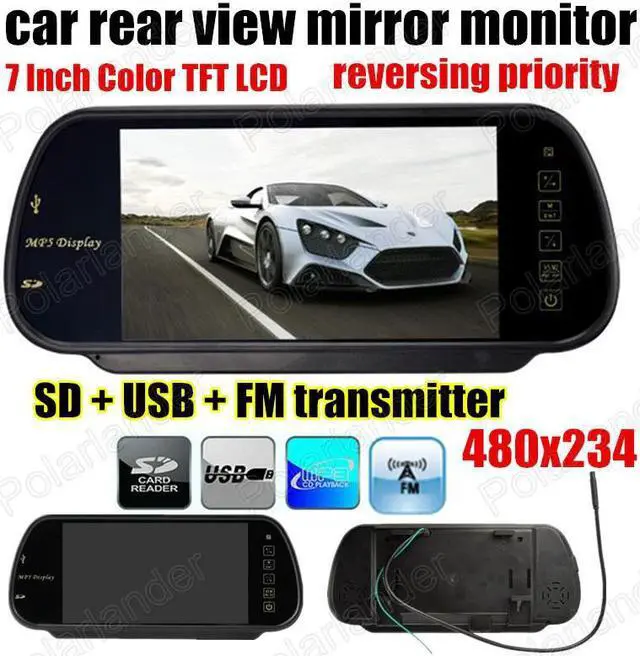 Main image of 7 Inch Color TFT LCD auto Rear view Mirror Monitor reversing priority USB SD Port MP5 FM transmitter 480x234 for rear camera
