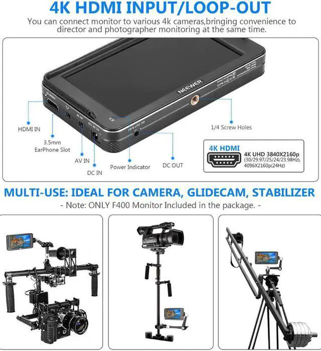 Alt view image 4 of 5 - F400 5.7-Inch Camera Field Monitor Full HD 1920x1080 IPS with 4K  DC Input Video Peaking Focus Assist with Tilt Arm