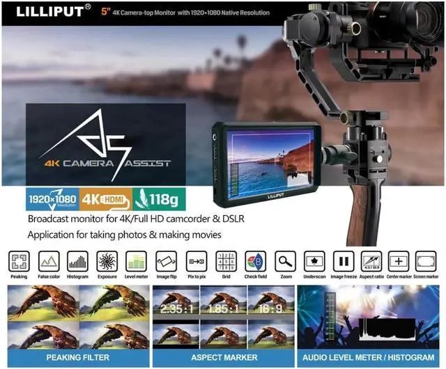 Alt view image 4 of 5 - A5 5 "IPS 4K Camera Monitor voor DSLR of Mirrorless Camera on-top Video for Film Movie Director with Switcher
