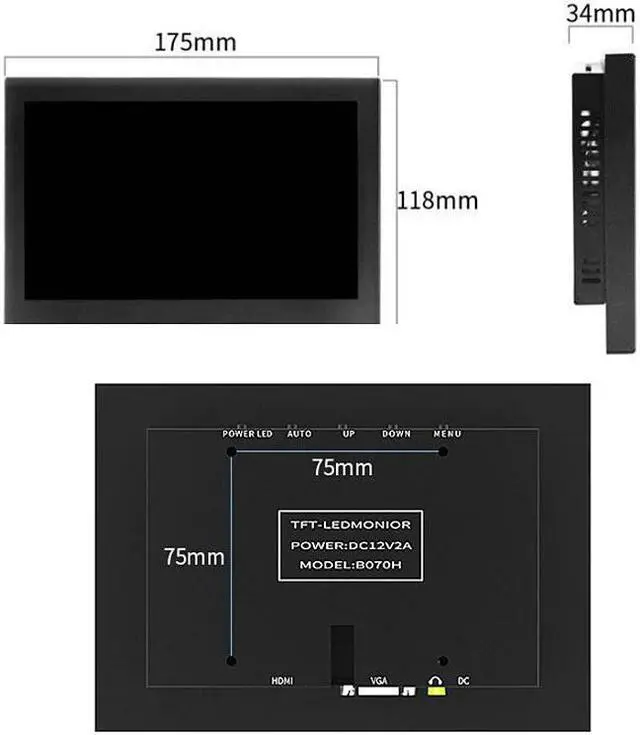 Alt view image 4 of 5 - portable monitor 7 inch LCD Full HD 1024x600 portable monitor, AV input / VGA /  housing made of black metal