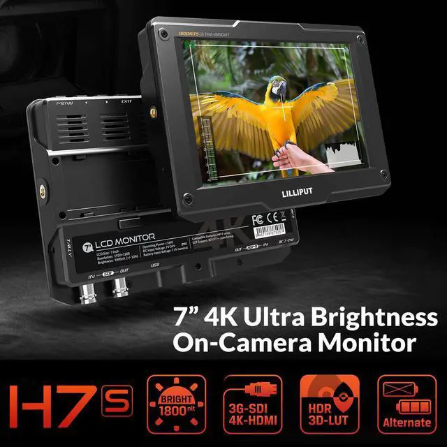 Alt view image 2 of 5 - H7S 7" 4K Ultra Brightness On-Camera Monitor w Full HD Resolution 4K- & 3G-SDI Input Output Moniter for Photography