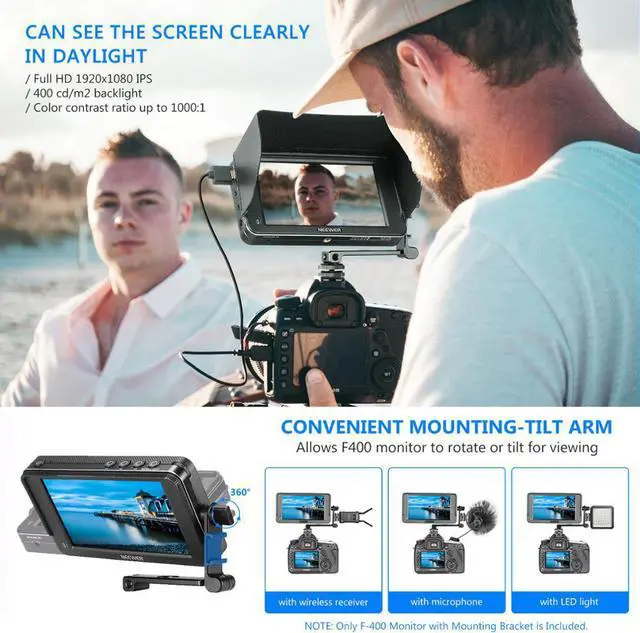 Alt view image 3 of 5 - F400 5.7-Inch Camera Field Monitor Full HD 1920x1080 IPS with 4K  DC Input Video Peaking Focus Assist with Tilt Arm