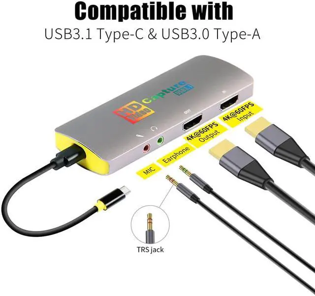 Alt view image 3 of 5 - 4K Capture Card,USB3.1 Type C Video Capture Card,4K 60FPS HD Audio Video Capture Device for PS4 Switch OBS YouTube