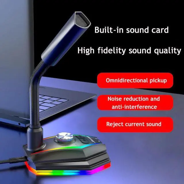Alt view image 3 of 5 - USB Microphone RGB Base HD Sound Card With Speaker Headset Jack  Drive Noise Reduction Rotate Receiver