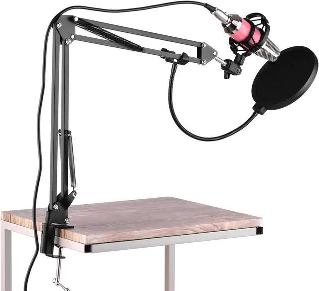 Alt view image 3 of 5 - Studio Condenser Microphone Kit with External Sound Card Mic Windscreen Shock Mount Arm Stand Mounting Clamp