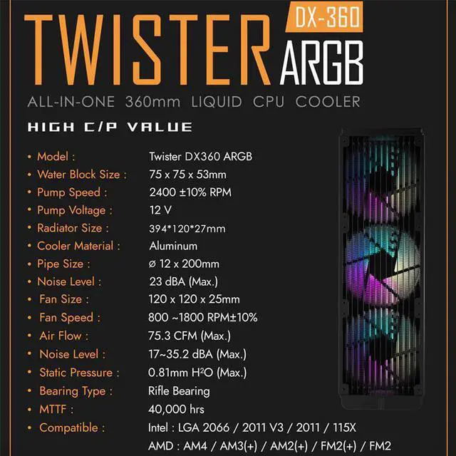 Alt view image 5 of 5 - DX Water Cooling CPU Cooler ARGB computer case fan aura sync liquid Heatsink Radiator LGA 2066/1155/2011/AM3+/AM4 AMD