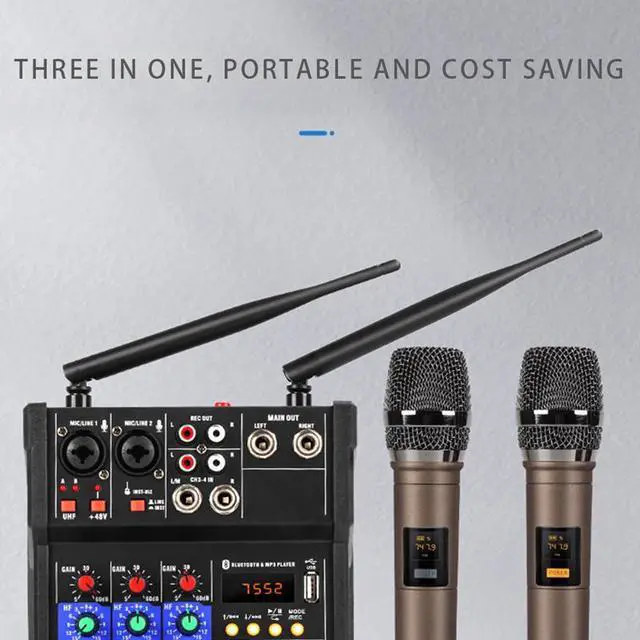 Alt view image 3 of 5 - 4 Channel o Mixer Console with Wireless Microphone Sound Mixing with Bluetooth USB Mini Dj Mixer