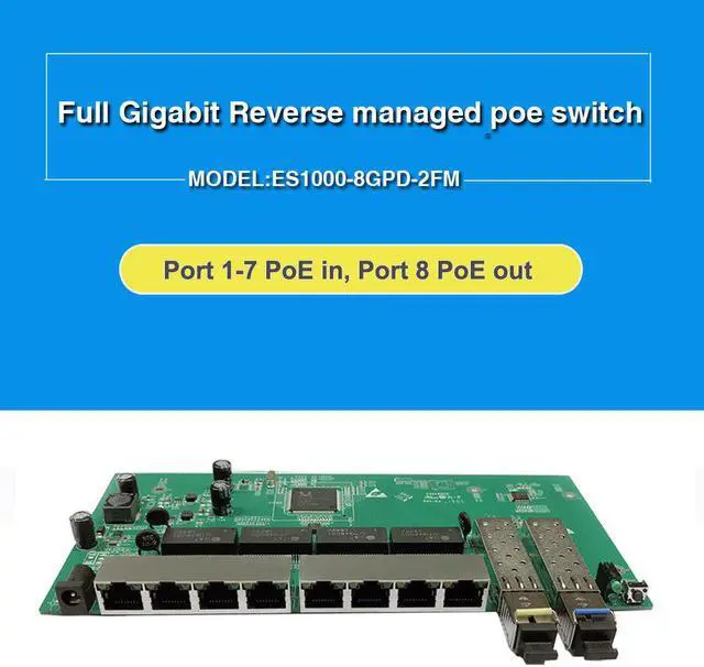 Main image of shipping 8-Port Gigabit Reverse Poe managed ethernet Switch with 2 SFP slots with VLAN