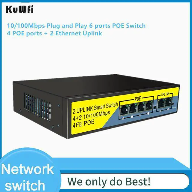 Main image of 6 port /4 Port PoE Switch, 2 Port Uplink Power Over Ethernet 802.3af/at 78W, Unmanaged Metal Smart Network Switch