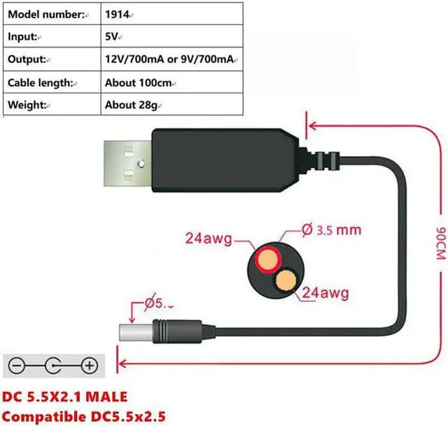 Alt view image 2 of 5 - 2020 New USB Power Booster Wire DC 5V to DC 9V 12V Step up Cable Module Converter USB TO DC 5.5*2.1MM Male Plug Cable