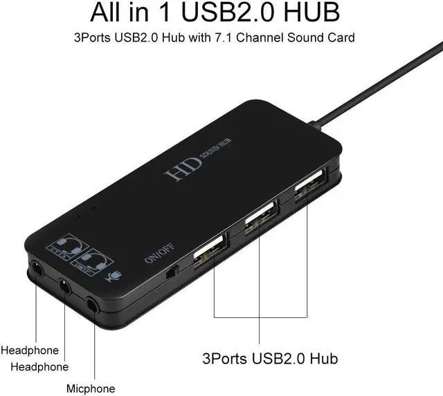 Alt view image 4 of 5 - 2020 NEW 7.1 Channel USB2.0 Hub External Sound Card Audio Adapter Earphone 3.5mm Jack Extender Stereo Sound Quality