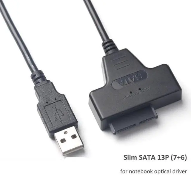 Alt view image 5 of 5 - Cabo USB 2.0 to Slim SATA USB Slimline Serial ATA 7+6 13pin Connector Adapter Cable for CD DVD Rom Optical Drive